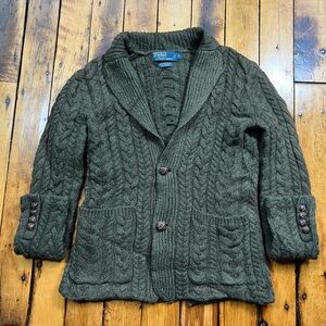 Vintage Polo Ralph Lauren Mens S Shawl Cardigan Lambswool Cashmere Green Cable